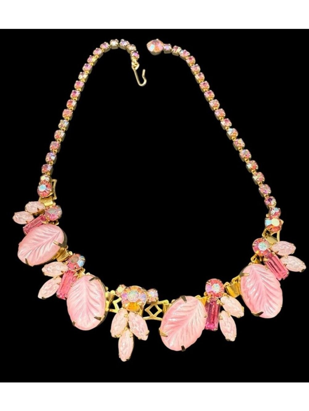 Vintage Weiss Choker Necklace Pink Rhinestone Floral Poured Glass Gold RARE